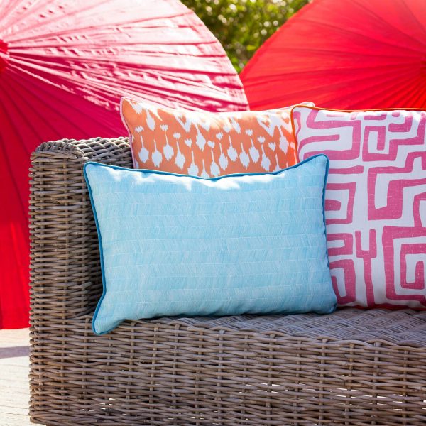 outdoor bolster cushion in vibrant blue herringbone