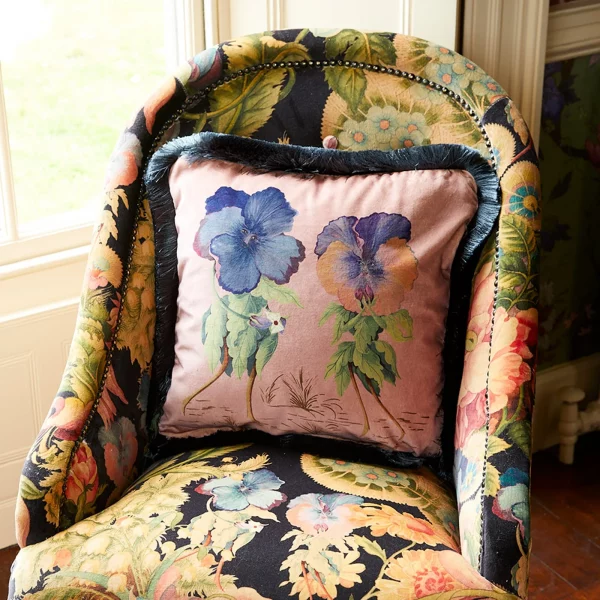 pink velvet cushion with luxurious fringe from house of hackney
