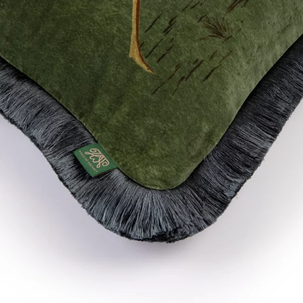 green velvet cushion with luxurious fringe from house of hackney