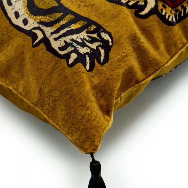tasselled velvet cushion embroidered with tiger design