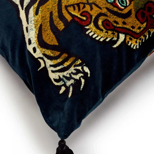 tasselled velvet cushion embroidered with tiger design