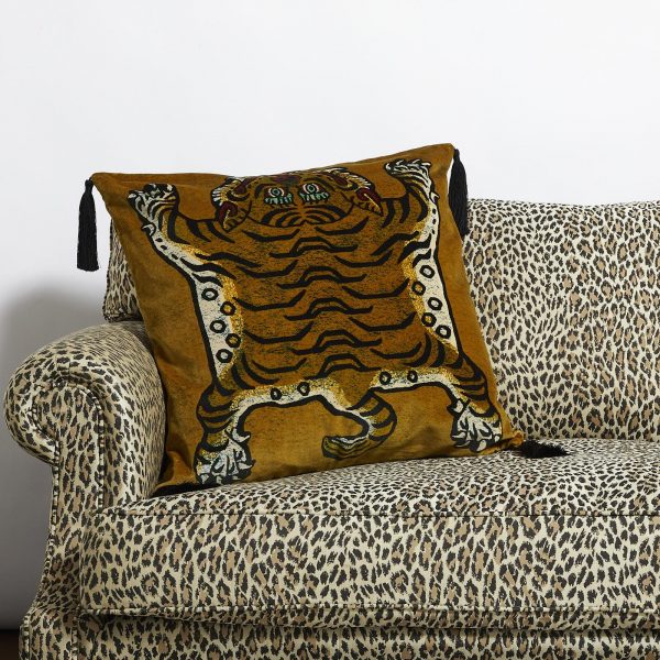 tasselled velvet cushion embroidered with tiger design