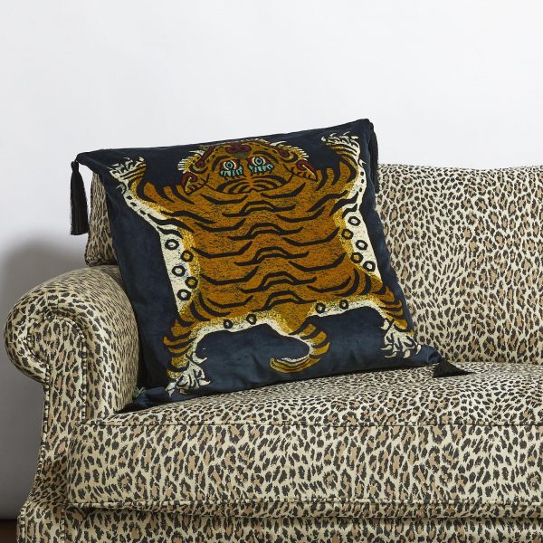 tasselled velvet cushion embroidered with tiger design